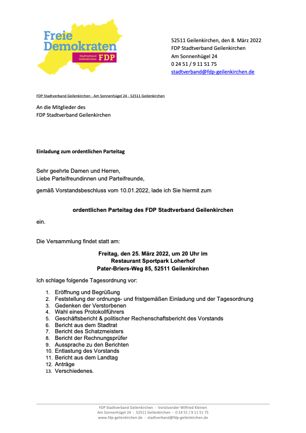 Einladung Parteitag FDP Stadtverband Geilenkirchen