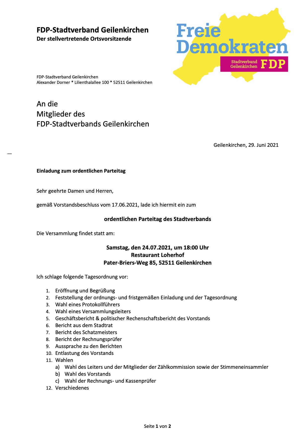 Einladung Parteitag FDP Stadtverband